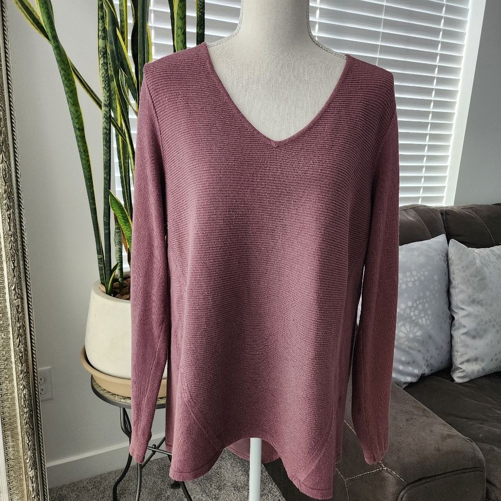 maurices ribbed front pullover v-neck sweater with chiffon back detail long slee